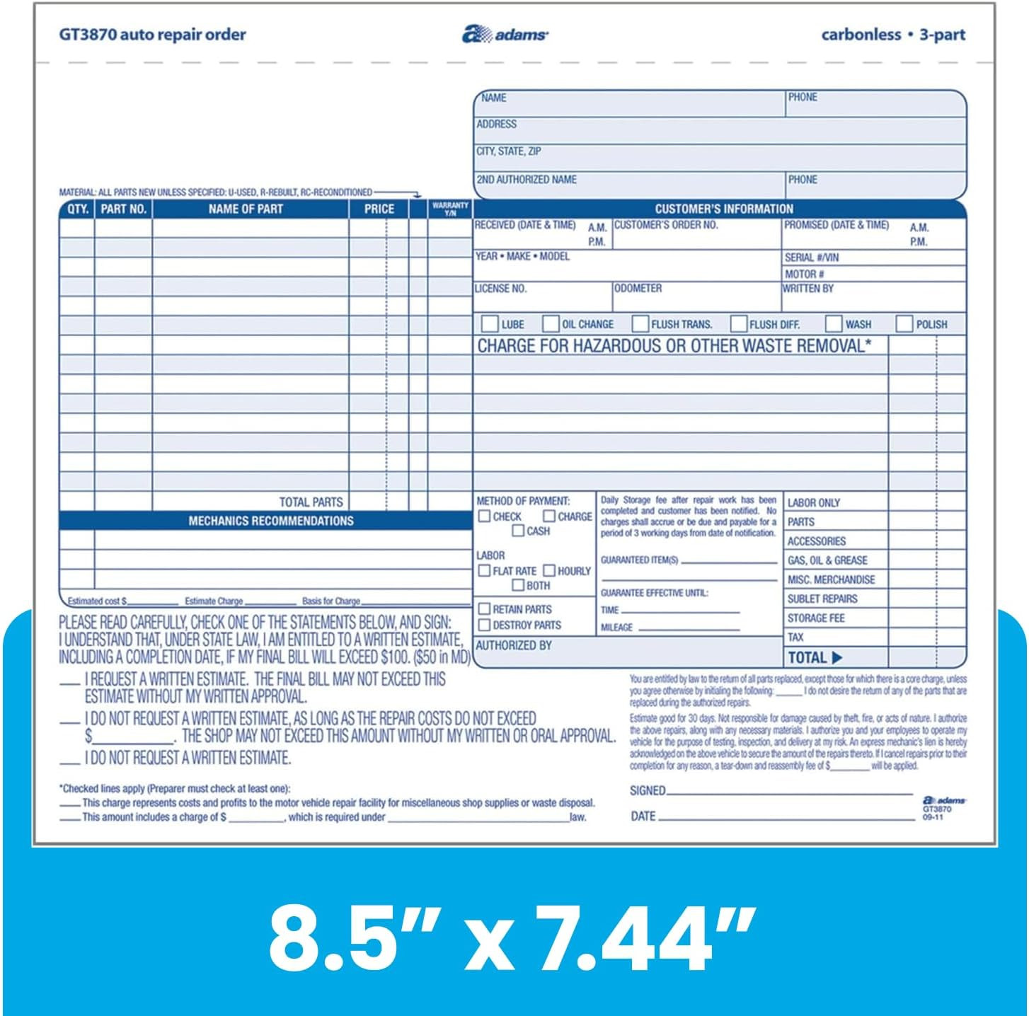 Auto Repair Order Forms, 8.5 X 7.44 Inch, 3-Part, Carbonless, 50-Pack, White and