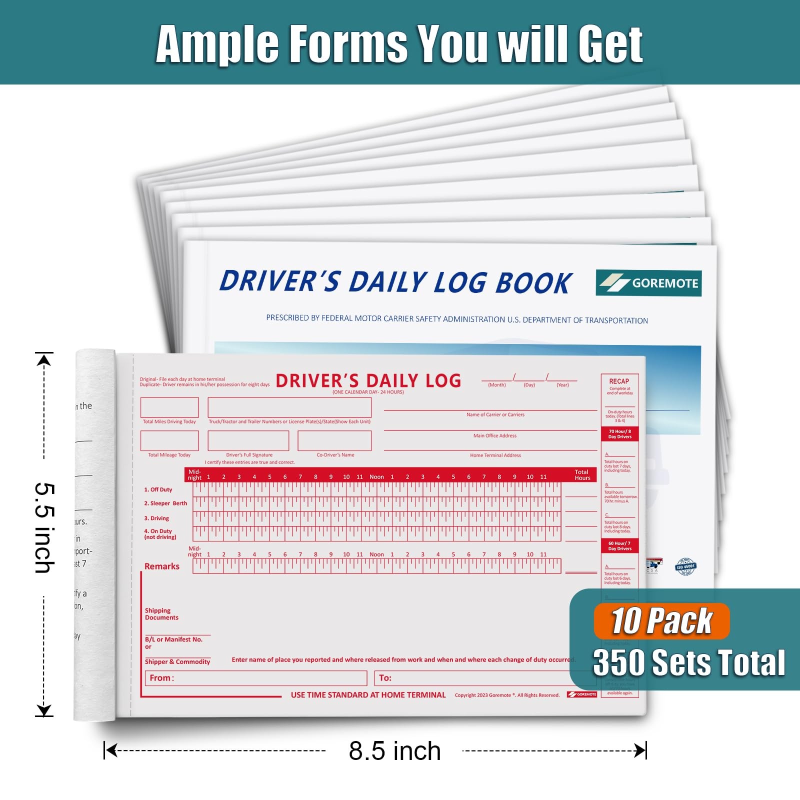 Daily Log Books for Truck Drivers with 7 & 8 Day Recap, 10 Pack, 2-Ply…