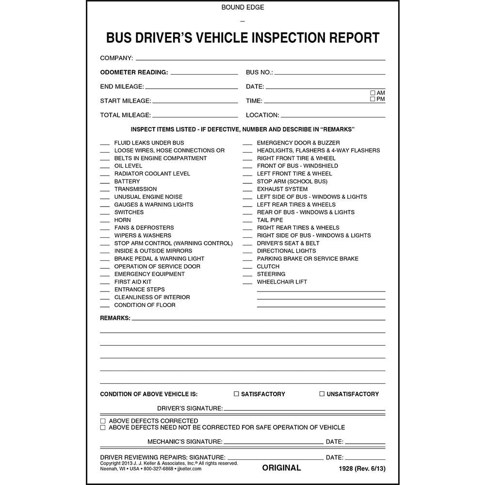 Bus Driver’s Vehicle Inspection Report 10-pk., 2-Ply Carbonless, 5.5″ x 8.13″