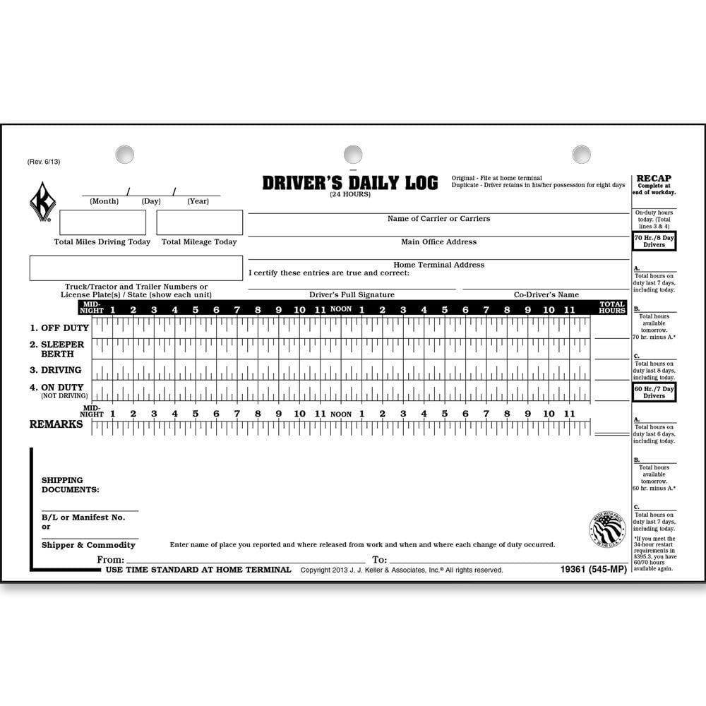 Driver Daily Log 10-pk. with 7- & 8-Day Recap, Shrinkwrapped, 2-Ply Carbonless