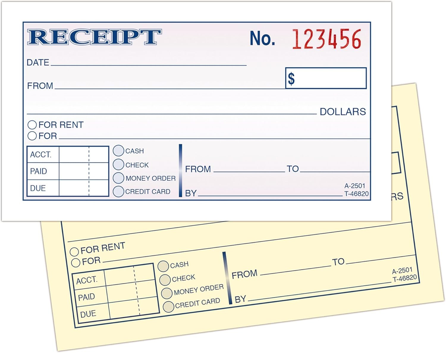 Money and Rent Receipt, 2-3/4 X 5-3/8 Inches, 2-Parts, Carbonless, White/Canary,