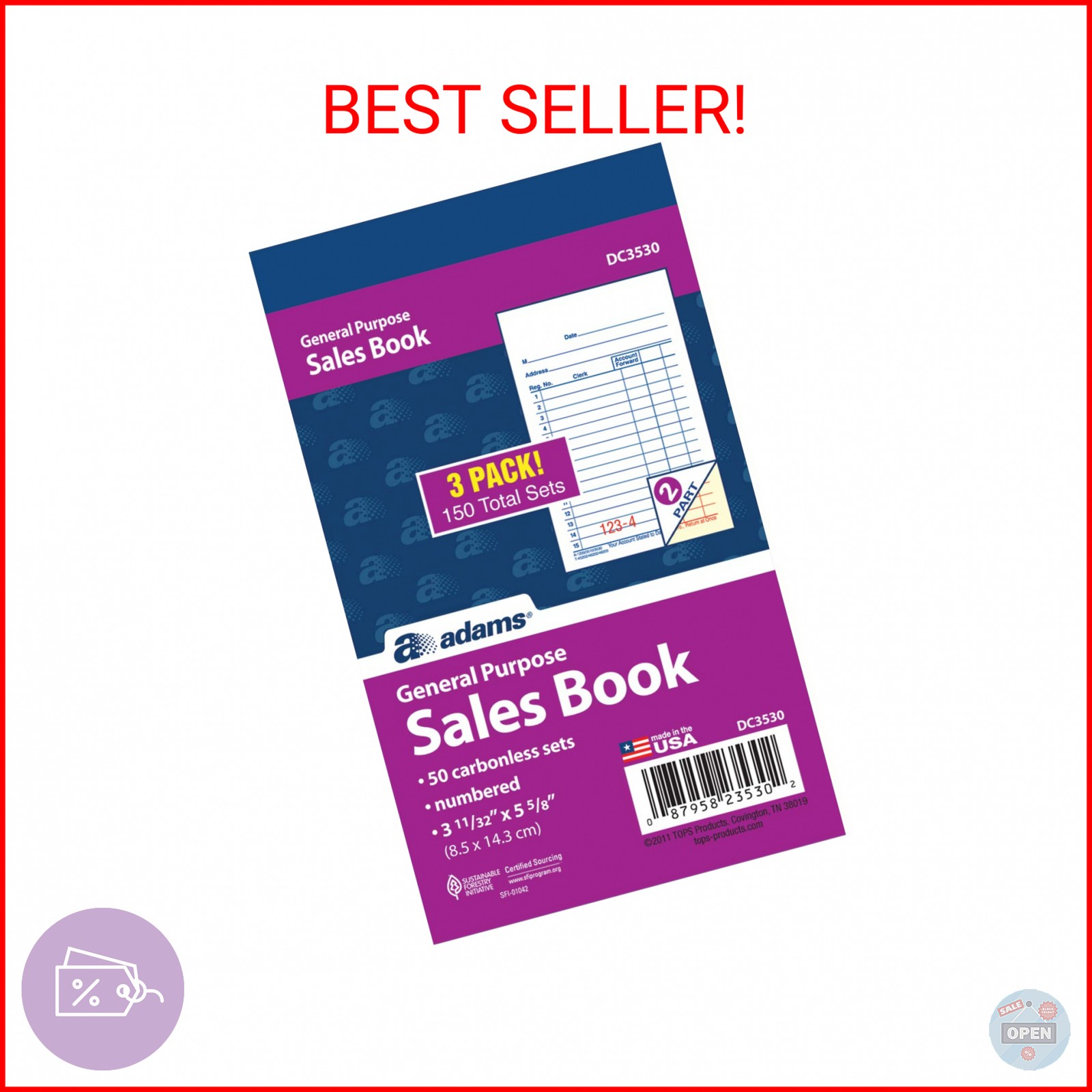 Adams General Purpose Sales Book, 2-Part, Carbonless, White/Canary, 3-11/32 x 5-