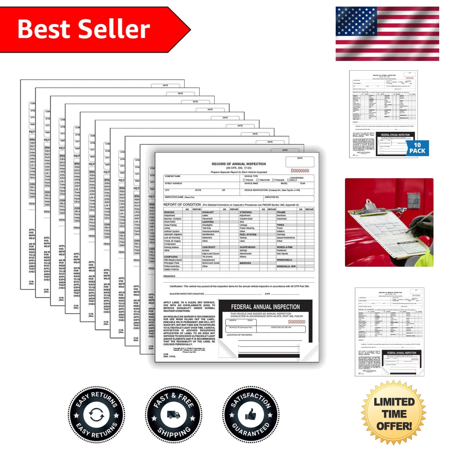 10-Pack DOT Compliant Annual Inspection Forms with Fade-Resistant Decals