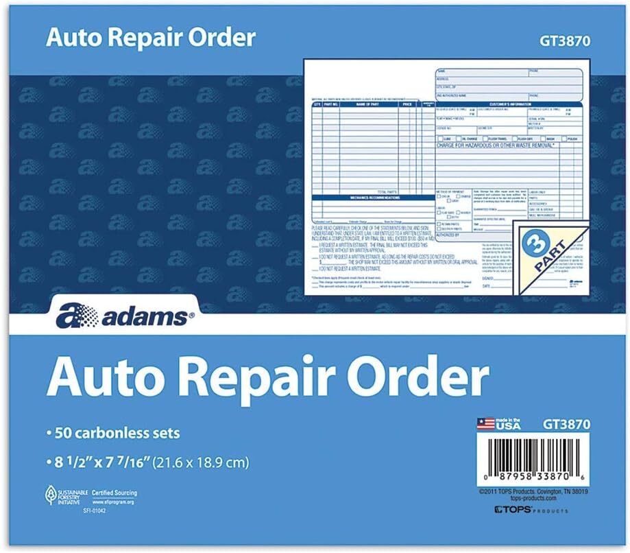 Adams Auto Repair Order Forms, 8.5 X 7.44, 3-Part, Carbonless, 50-Pack (GT3870)