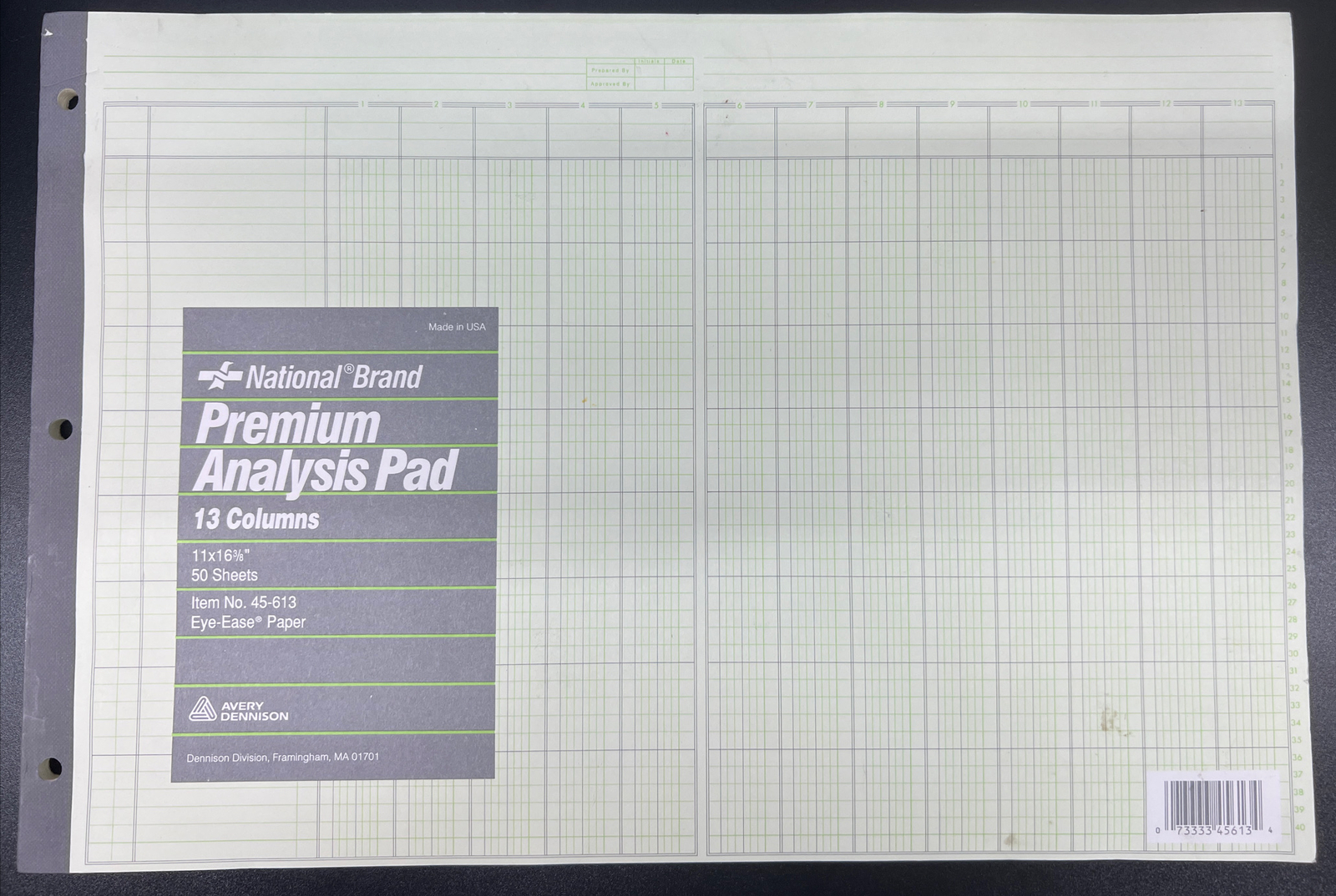 National Analysis Pad, 13 Columns, Green Paper, 11 x 16.375″, 50 Sheets (45613)