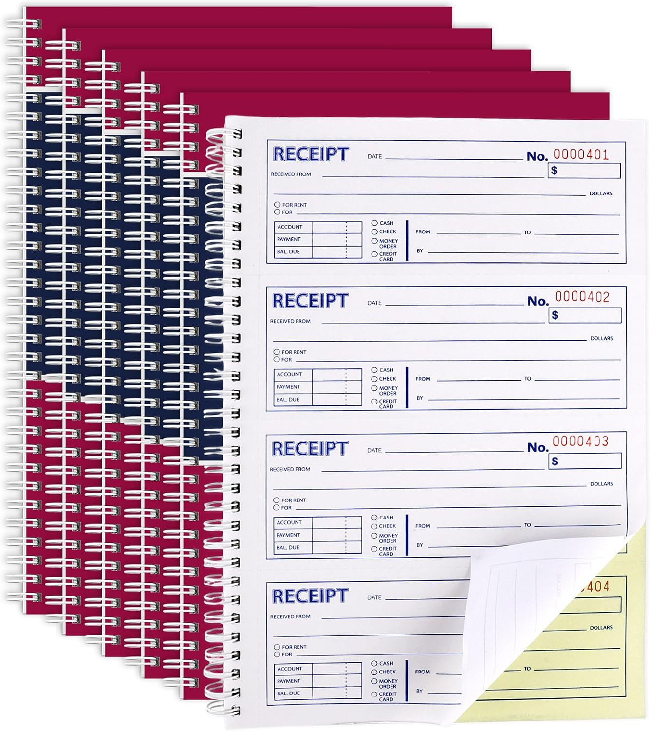 6 Pack Receipt Books with Carbon Copies, Rent Receipt Book, 2-Part Carbonless, 7