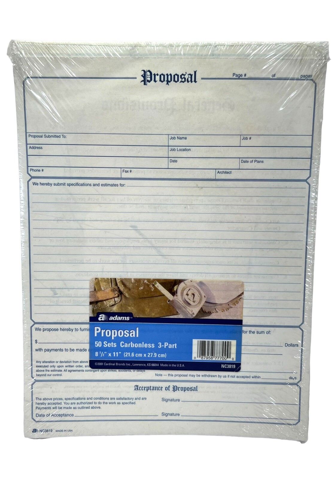 Adams Contractor’s Proposal Forms NC3819 3-Part Carbonless 50 Pack 8 1/2” x 11”