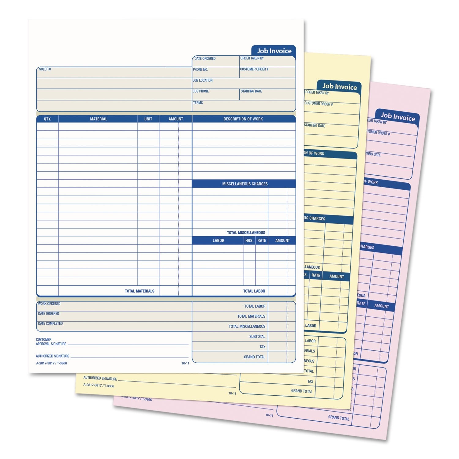 Tops Job Invoice Materials List 3-Part Carbonless 8.5 X 11 Inches 50 Sets Per