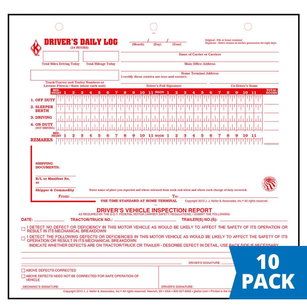 Mid-Size Driver Daily Log 10-pk. with Simplified DVIR, 2-Ply Carbonless