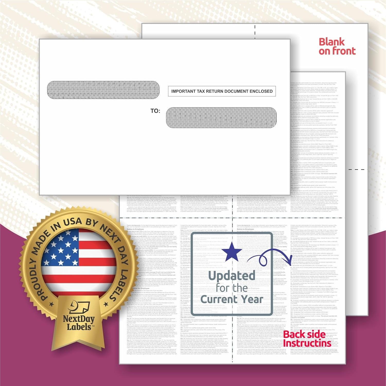– W-2 4-Up Employee Tax Forms, Instructions on Back” for 2025, for Laser/Inkjet
