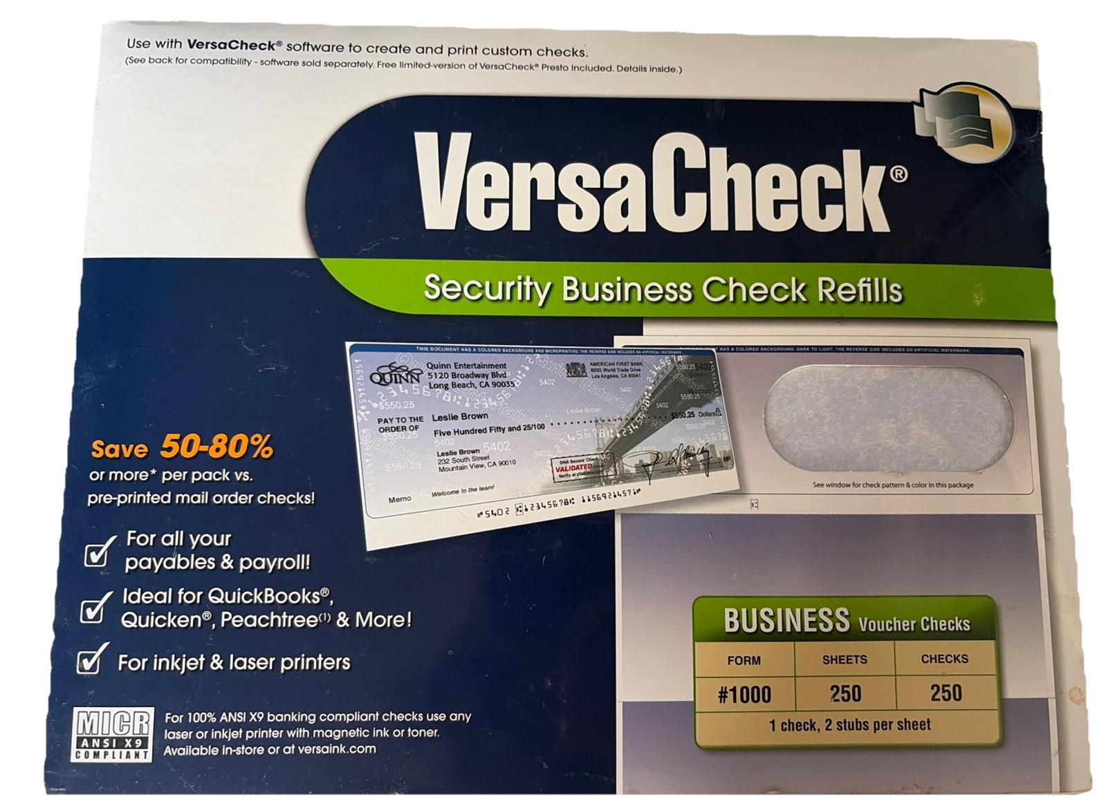 VersaCheck Security Business Check Refills – Form #1000 – 250 Sheets – Blue