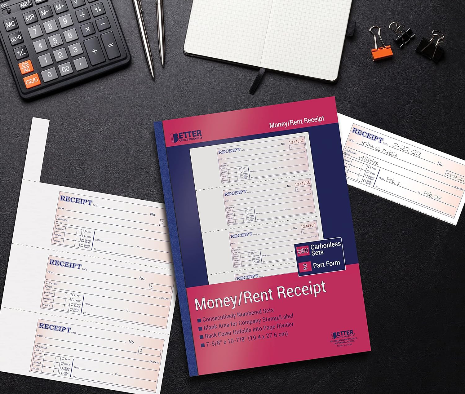 Cash Money and Rent Receipt Books, 4 Pack, Large Size, 2-Part Carbonless (White/