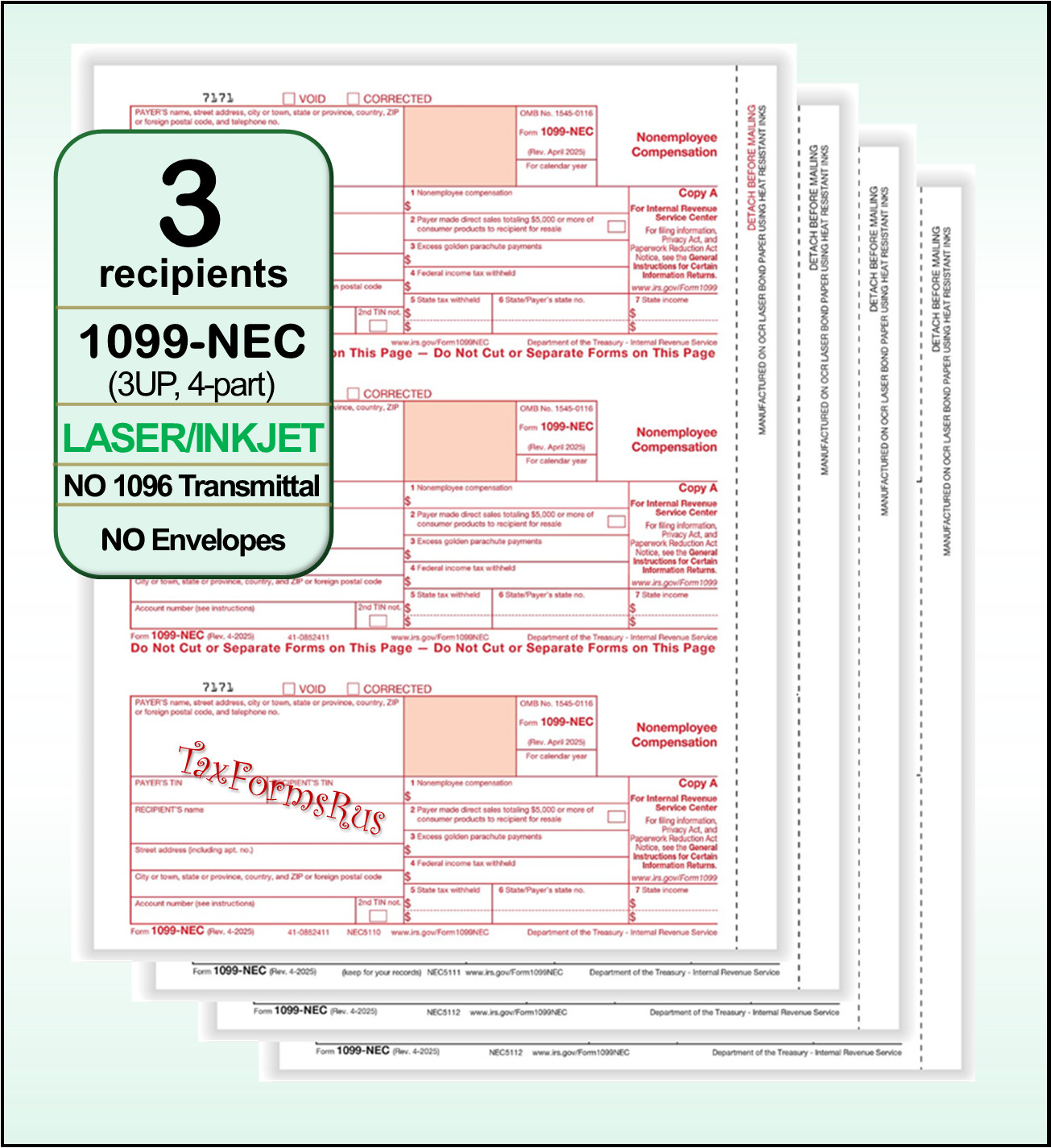 2025 IRS Tax Form 1099-NEC single sheet set LASER 3 recipients 4pt #N6103