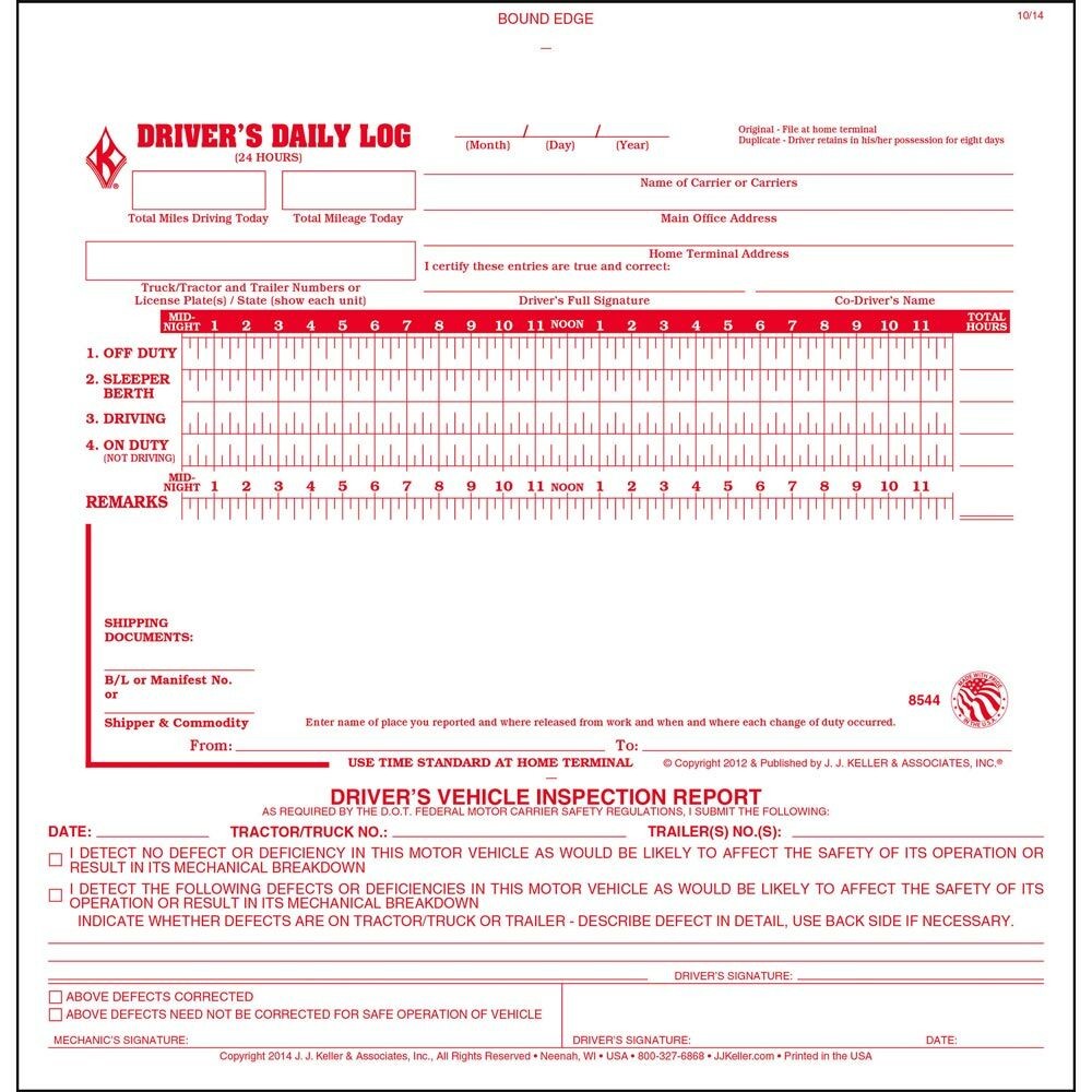 2-in-1 Driver Daily Log Book with Simplified DVIR, 2-Ply Carbonless, 10-pk.