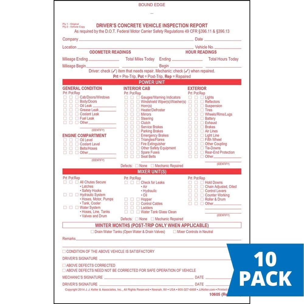 J. J. Keller Driver’s Concrete Vehicle Inspection Report 10-pk., 2-Ply