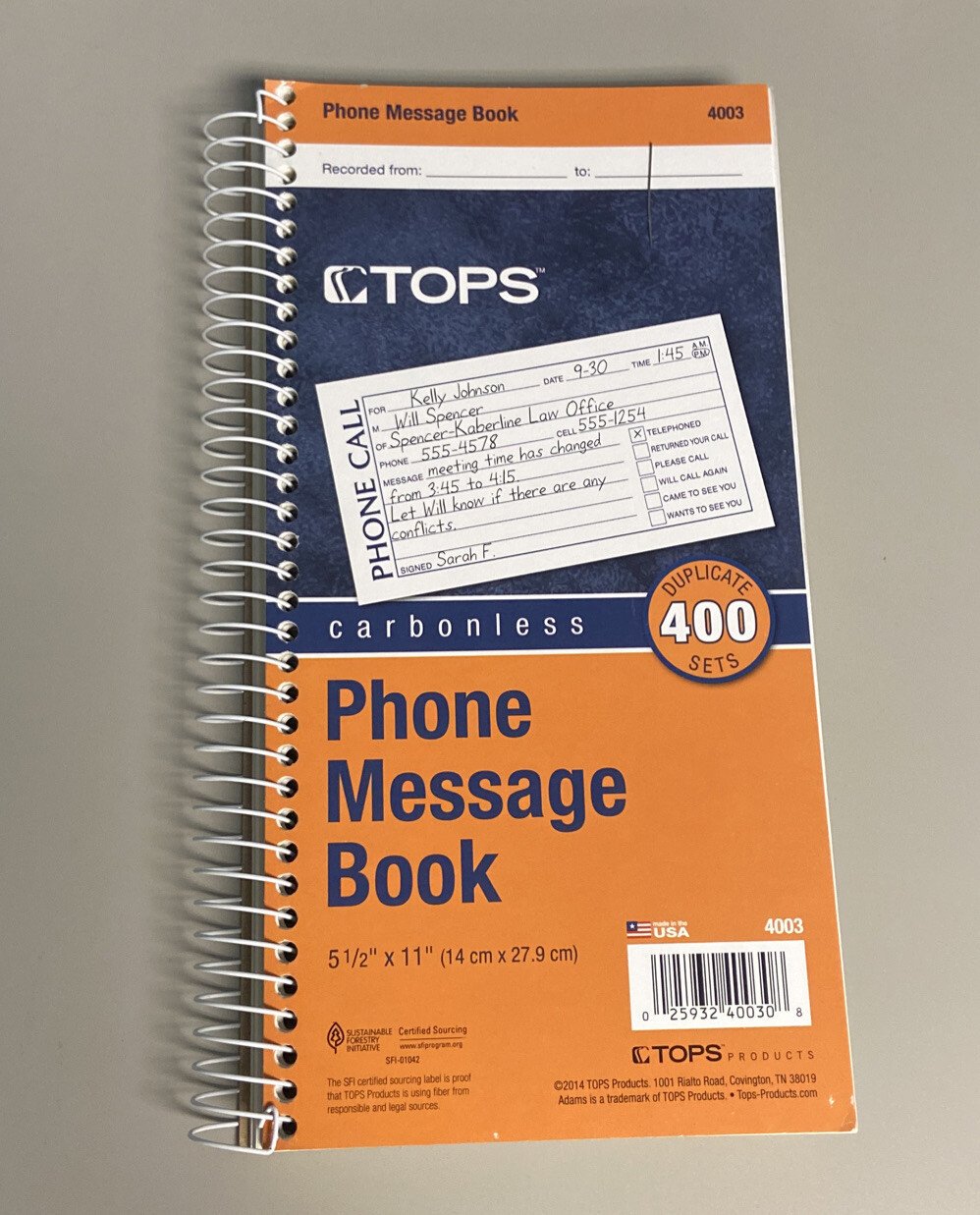 TOPS Phone Message Forms Book Carbonless Duplicate 5.5” X 11 400 Sets per Book