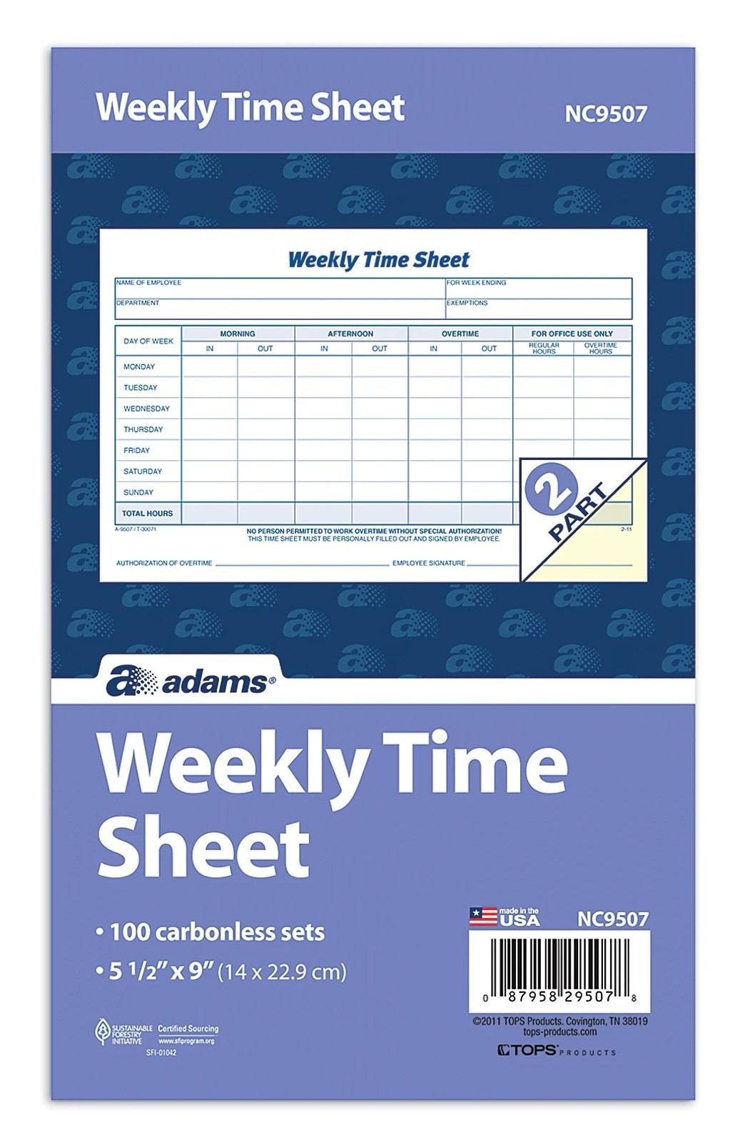 Adams Weekly Time Sheets – 100 Carbonless Sets, 2-part Form – Lot Of 5 – NC9507