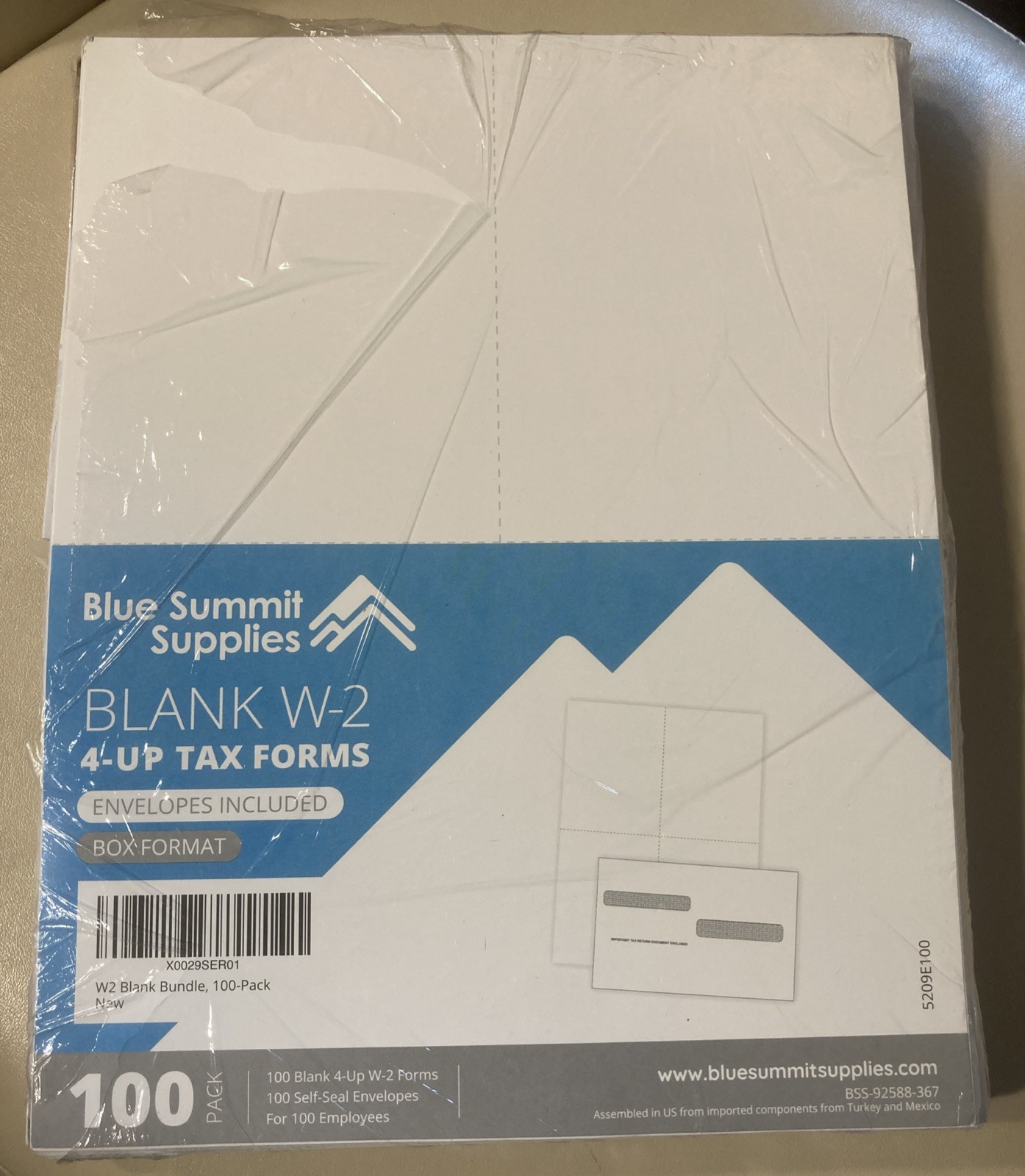 NEW Blue Summit Blank W-2 4-UP Tax Forms 100 Pack With Envelopes 5209E100