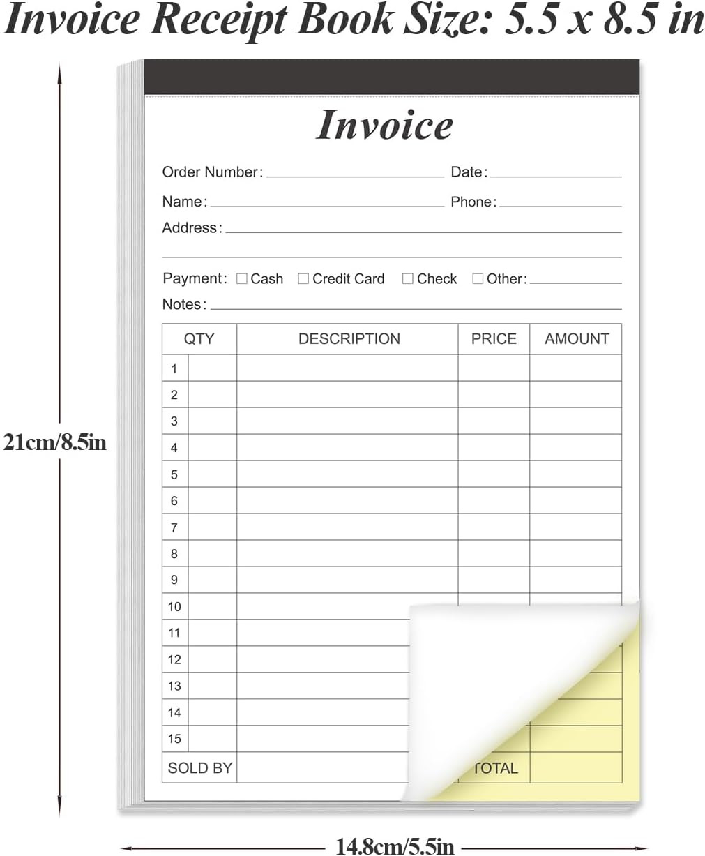Invoice Receipt Book with Cardboard 2-Part Carbonless, 5.5″ X 8.5″ Order Forms