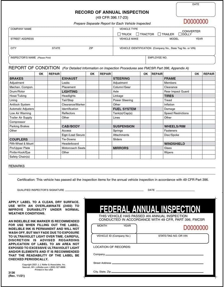 Comprehensive DOT Inspection Forms with Decals – 100-Pack for Fleet Compliance