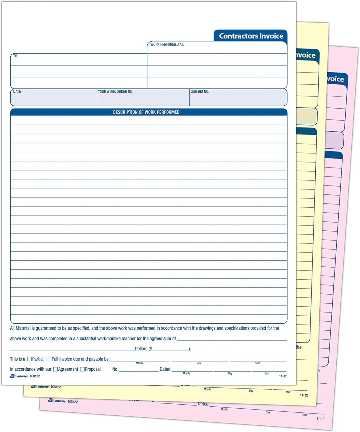 Contractor’s Invoice Book with Large Description Area – 3-Part Carbonless Forms