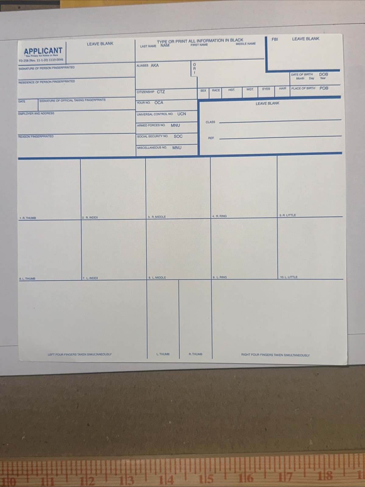 FD-258 (Rev. 11-1-20) Fingerprint Card: BLANK ORI FIELD & BLANK COLLECTION FORM