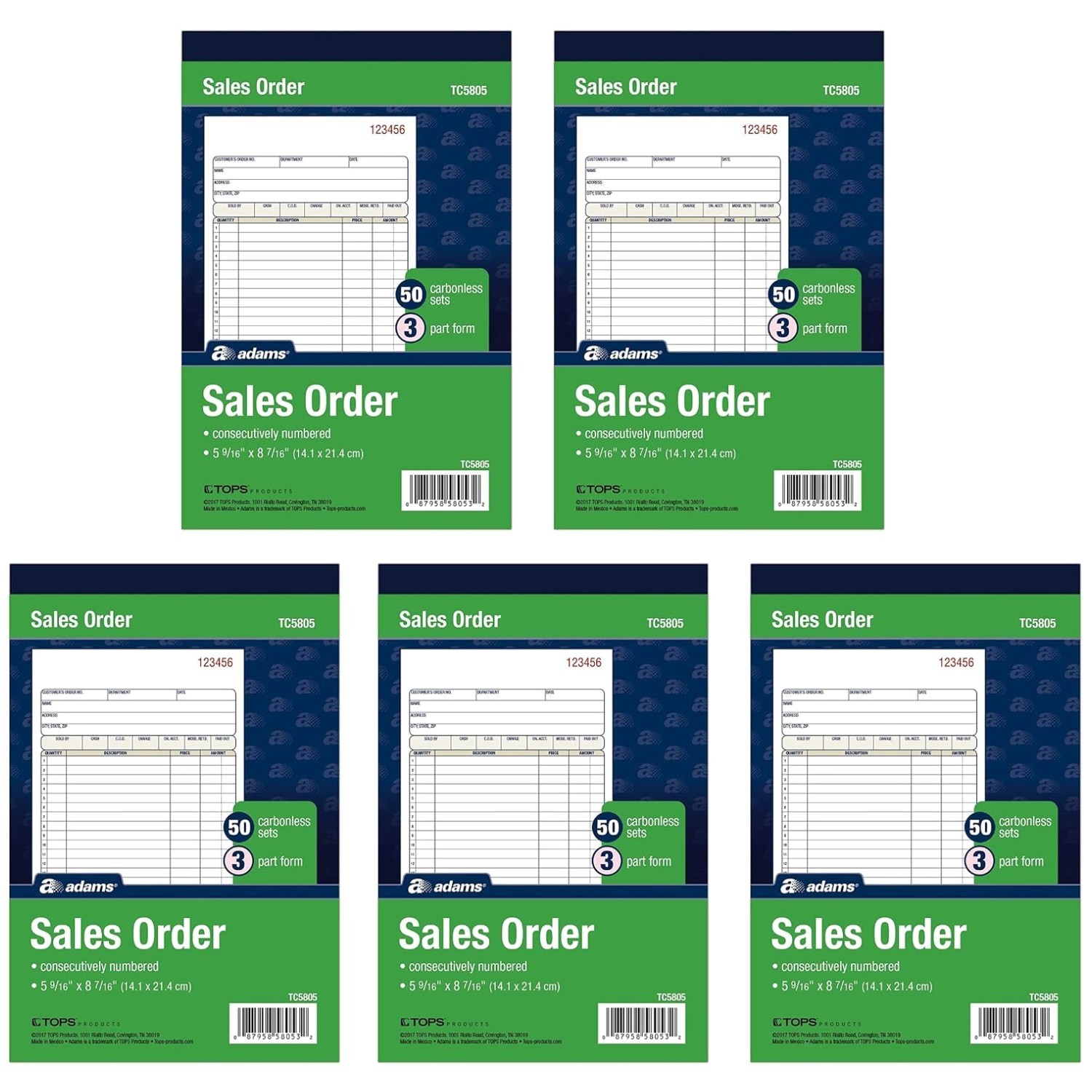 5 Books Sales Order Book, 3-Part Carbonless, 50 Sets, 5-Pack