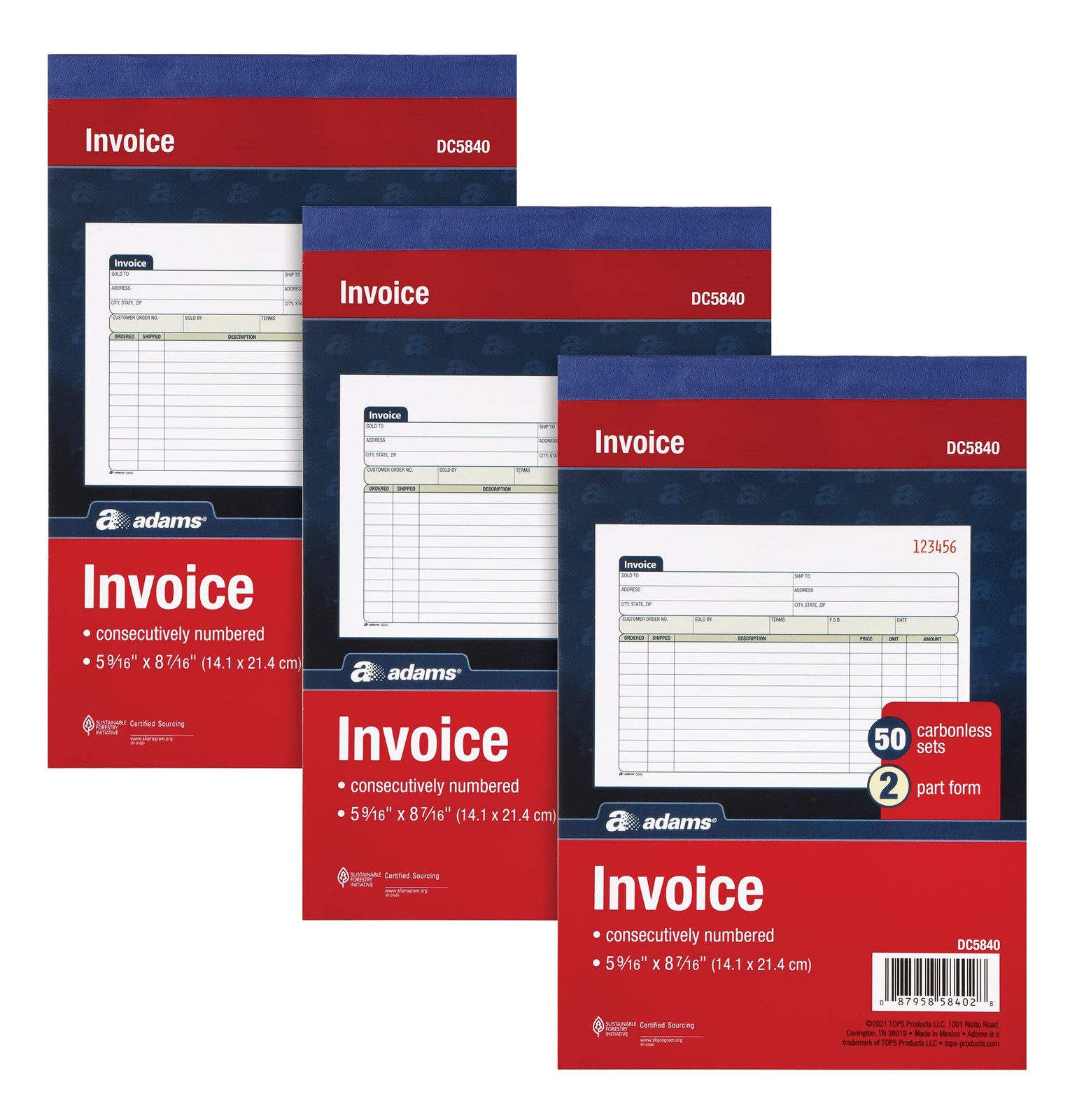 Adams Invoice Book 3 Pack, 2 Part Carbonless Invoices, Horizontal Sales White