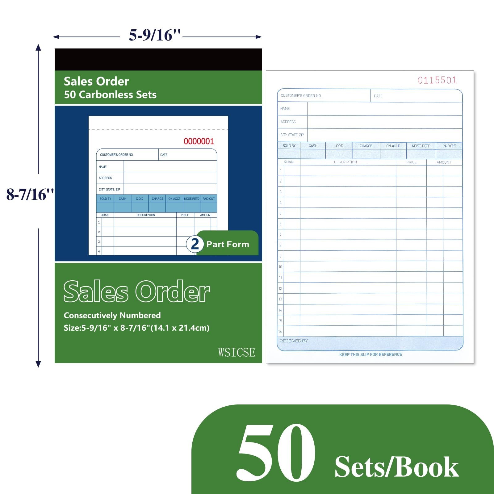 6 Pack Carbonless Receipt Book, 2-Part Order Book with Carbon Copies, 300 Sets