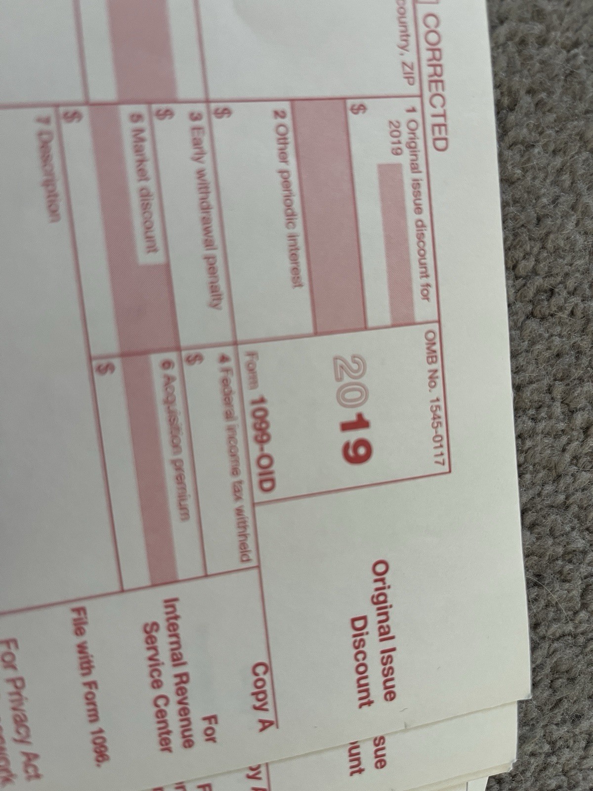 1099-OID 2019 Year – 20 Pack 2 part set carbonless IRS Tax Form 40 slots total