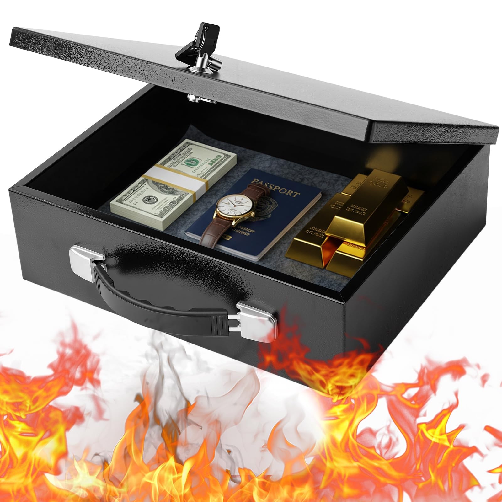 Fireproof Document Box with Key Lock, Metal Lock box Large, Black