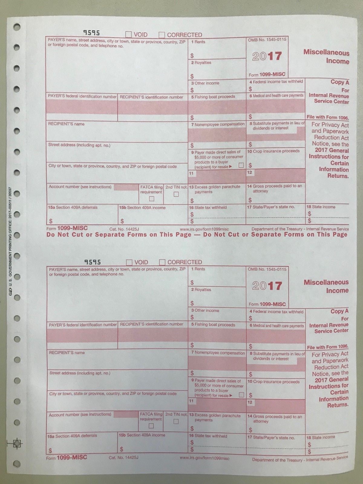 (6) 2017 IRS TAX FORMS 1099-MISC (6 Recipients) + 1 FORM 1096