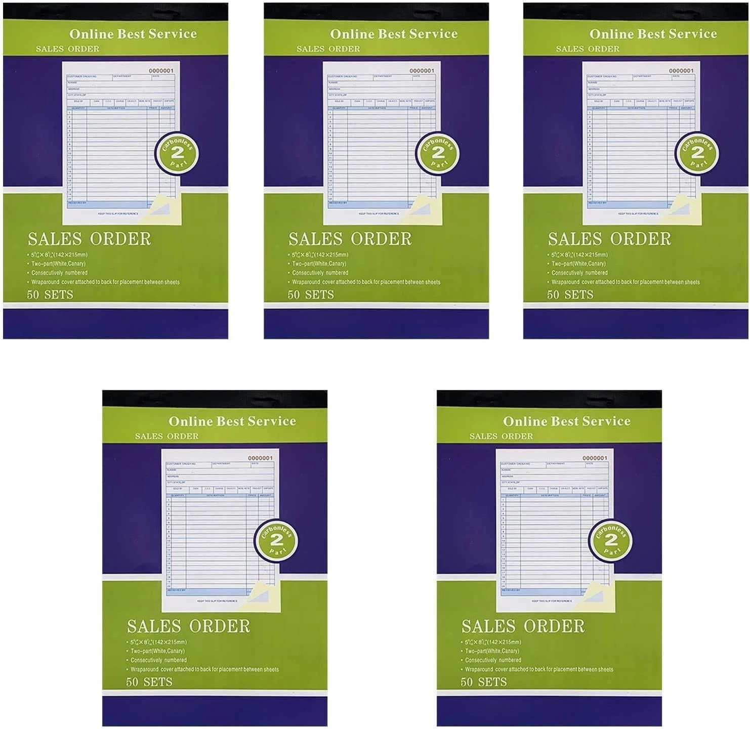 5 Pack Large Sales Order Book Receipt Invoice Duplicate Carbonless Copy 50 Sets