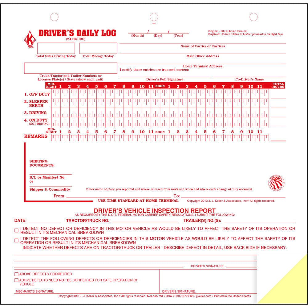 Mid-Size Driver Daily Log 10-pk. with Simplified DVIR, 2-Ply Carbonless