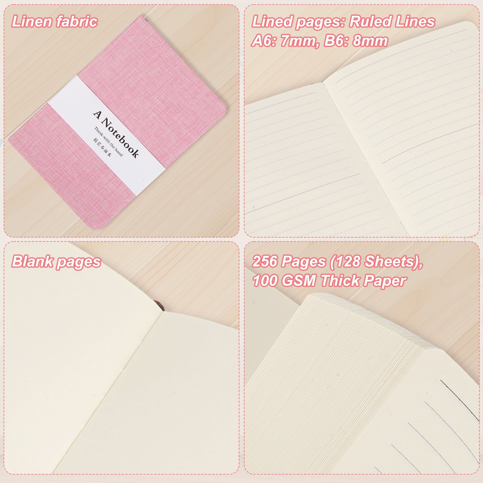 Linen Journal Notebook, 256 Pages 100 Gsm B6（5×7） Hardcover Journals (Pink)