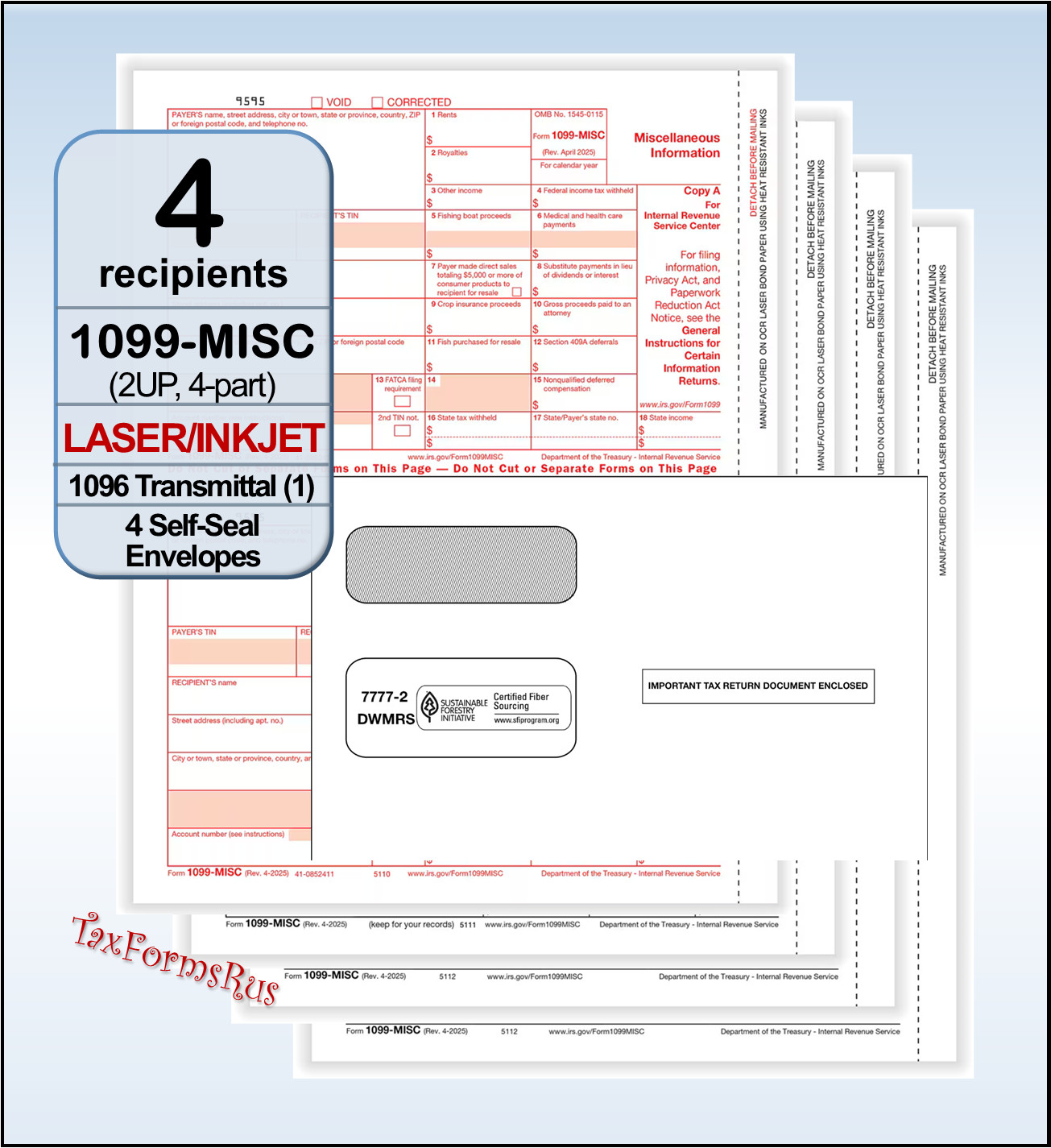 2025 IRS TAX FORMS KIT: 1099-MISC for 4 recipients + 4 envelopes +(1) 1096 LASER
