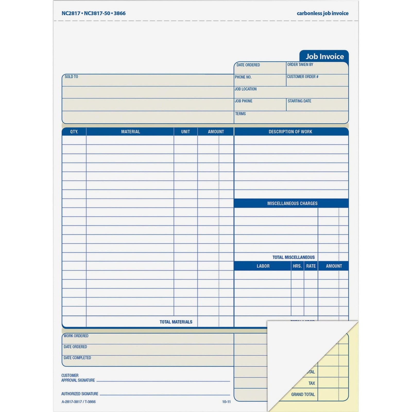 Adams Job Invoice Forms, 2-Part Carbonless, for Service and Repair Billing, 100