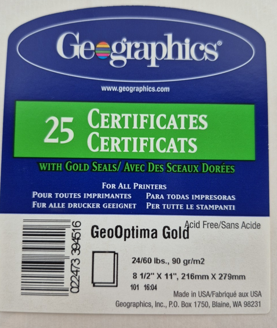 Geographics Acid Free Certificates 8-1/2 x 11 Optima Gold Border 25/Pack