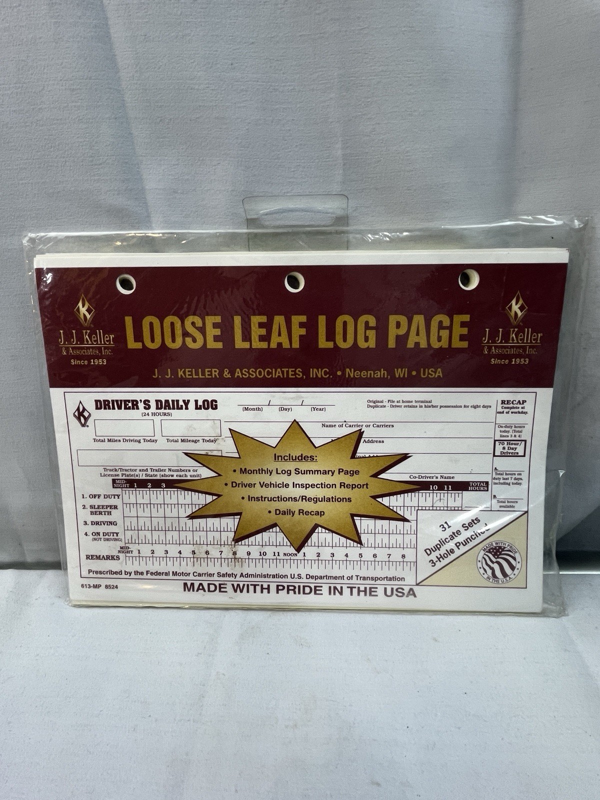 J.J. Keller Loose Leaf Driver Daily Log Pages 31 Duplicate Sets 3 Holes 613-MP
