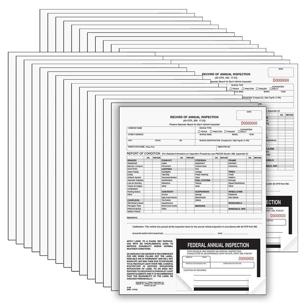 J. J. Keller 25-Pack, Record of Annual Inspection Form with Inspection Label,…