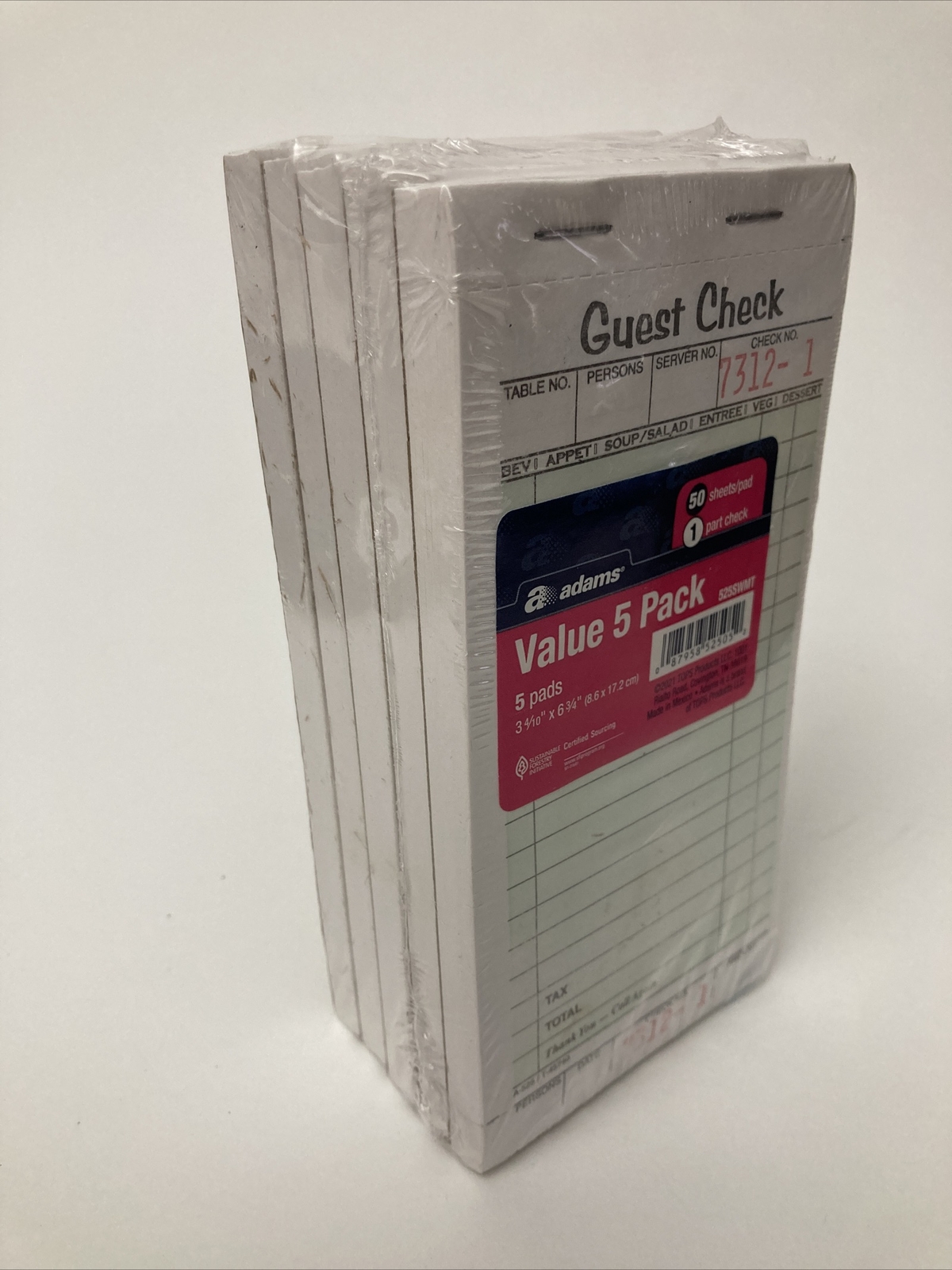 Guest Check Pads, Single Part, Perforated, White, 50 Sheets/Pad, 5 Pads Pack NEW
