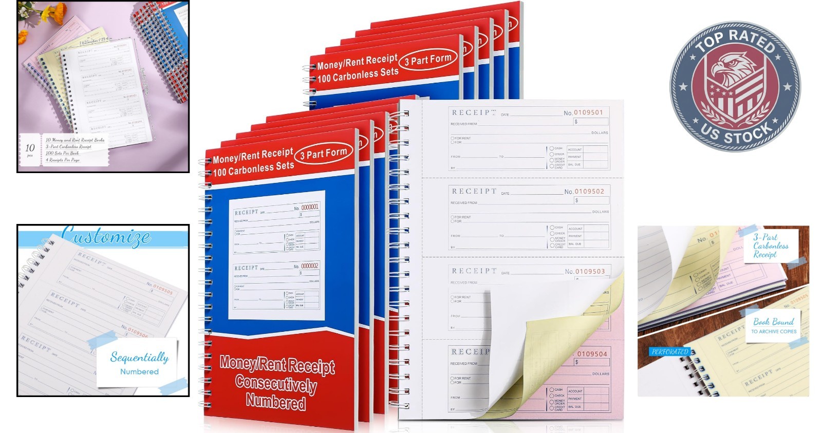 10 Pcs Carbonless Money & Rent Receipt Books – Spiral Bound, 3 Part, 100 Sets