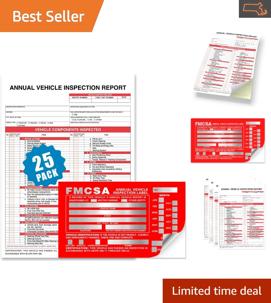 Premium DOT-Compliant Annual Vehicle Inspection Forms 25-pk: Durable 3-Ply Ca…