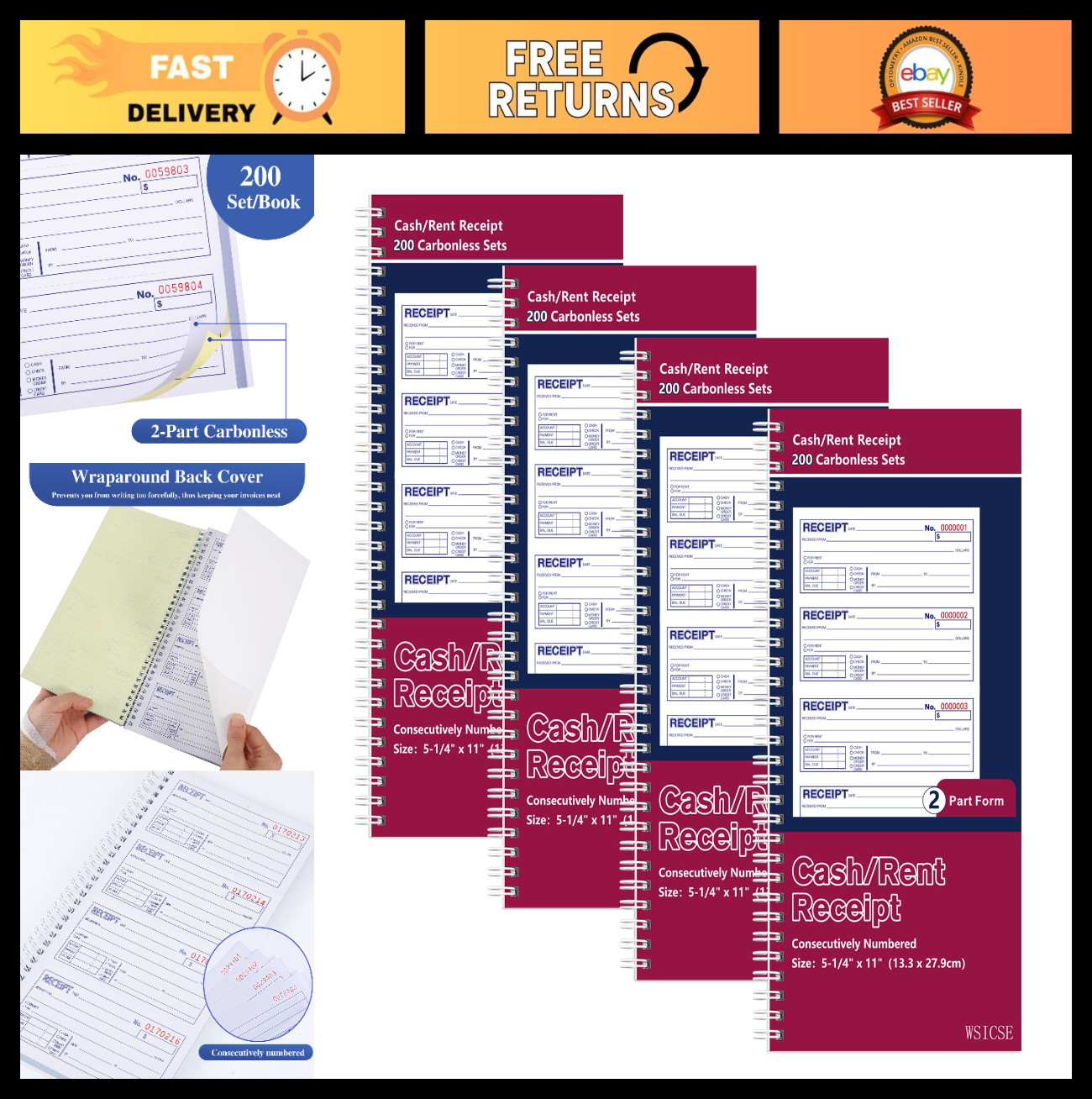 4 Pack Carbonless Receipt Books, 2-Part Rent Receipts, Spiral Bound, 200 Sets