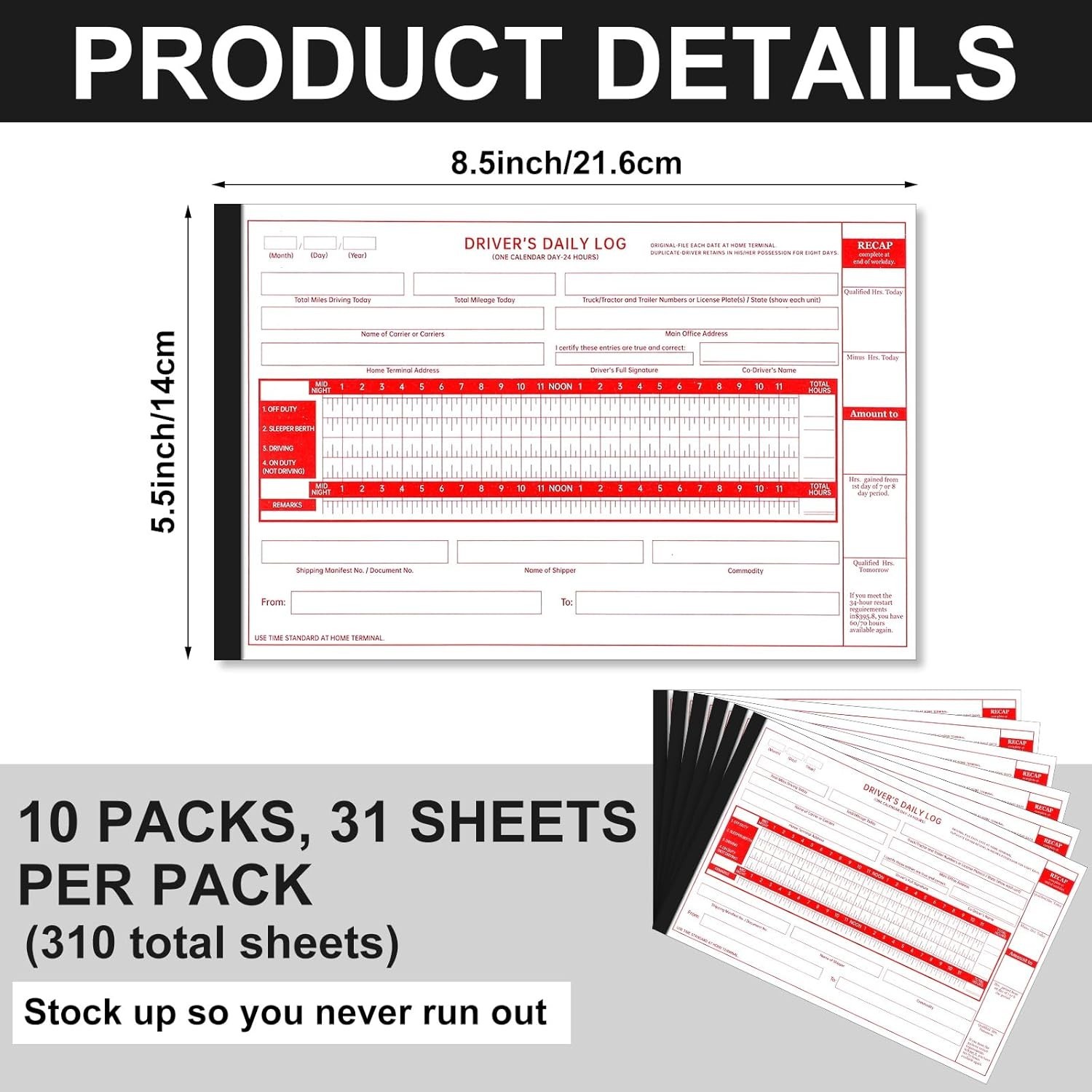 10 Pack Driver Daily Log Book 8.5″ x 5.5″ Log Book with Detailed Driver Vehic…