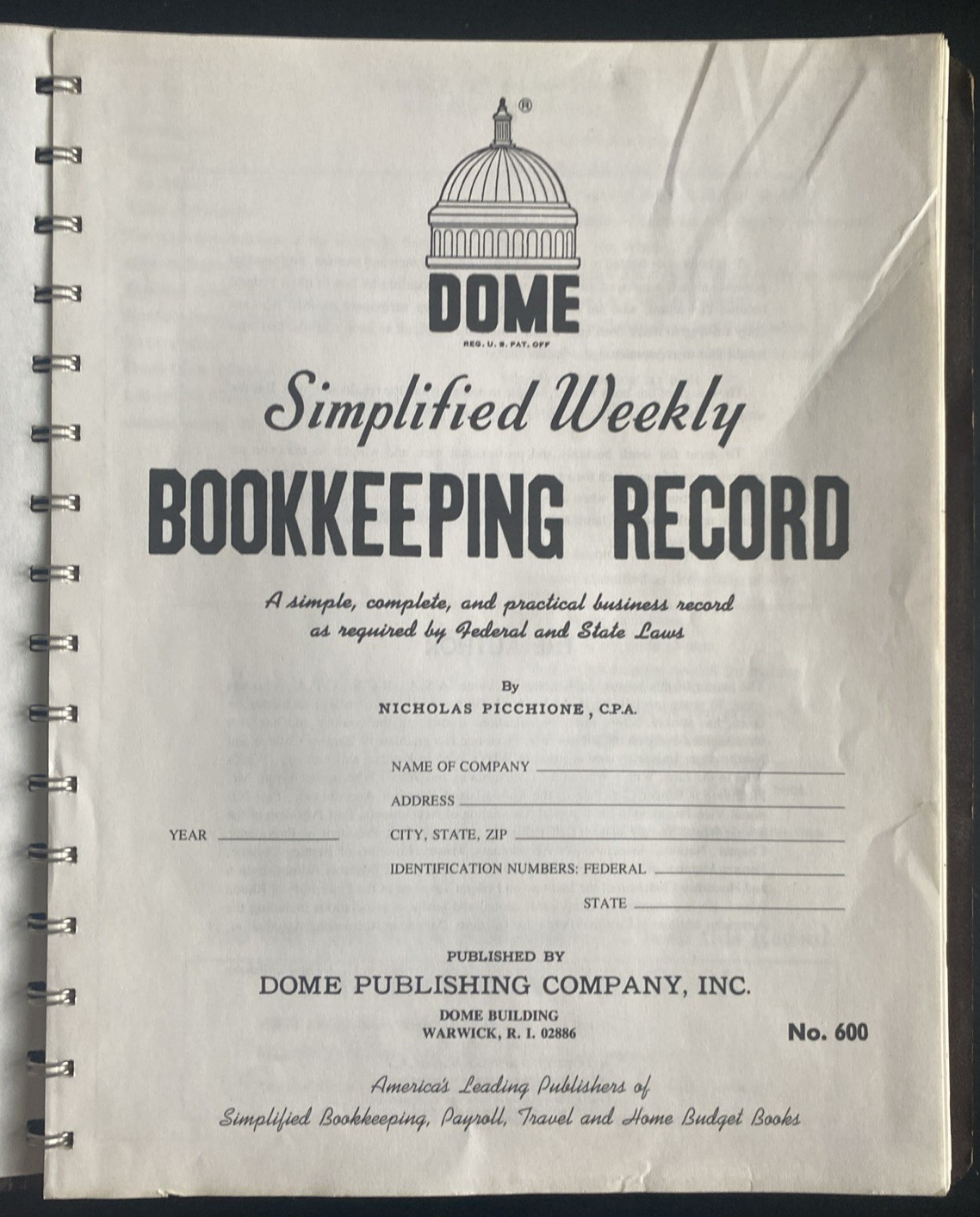 Vtg Dome Simplified Weekly Bookkeeping Record No 600 Vinyl Covers New, Unused