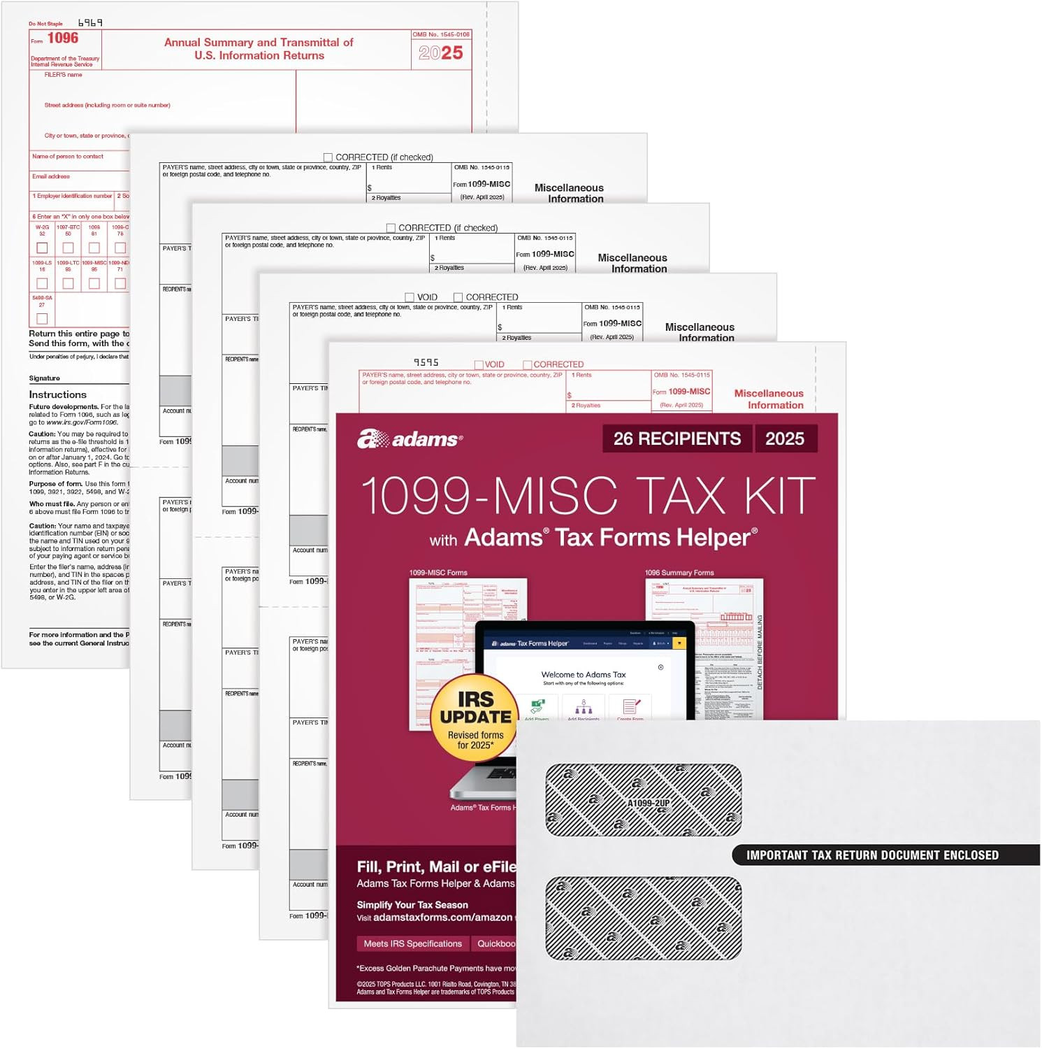 Adams 1099 MISC Forms 2025, 4-Part Kit for 26 Recipients, Includes 26 Envelopes,
