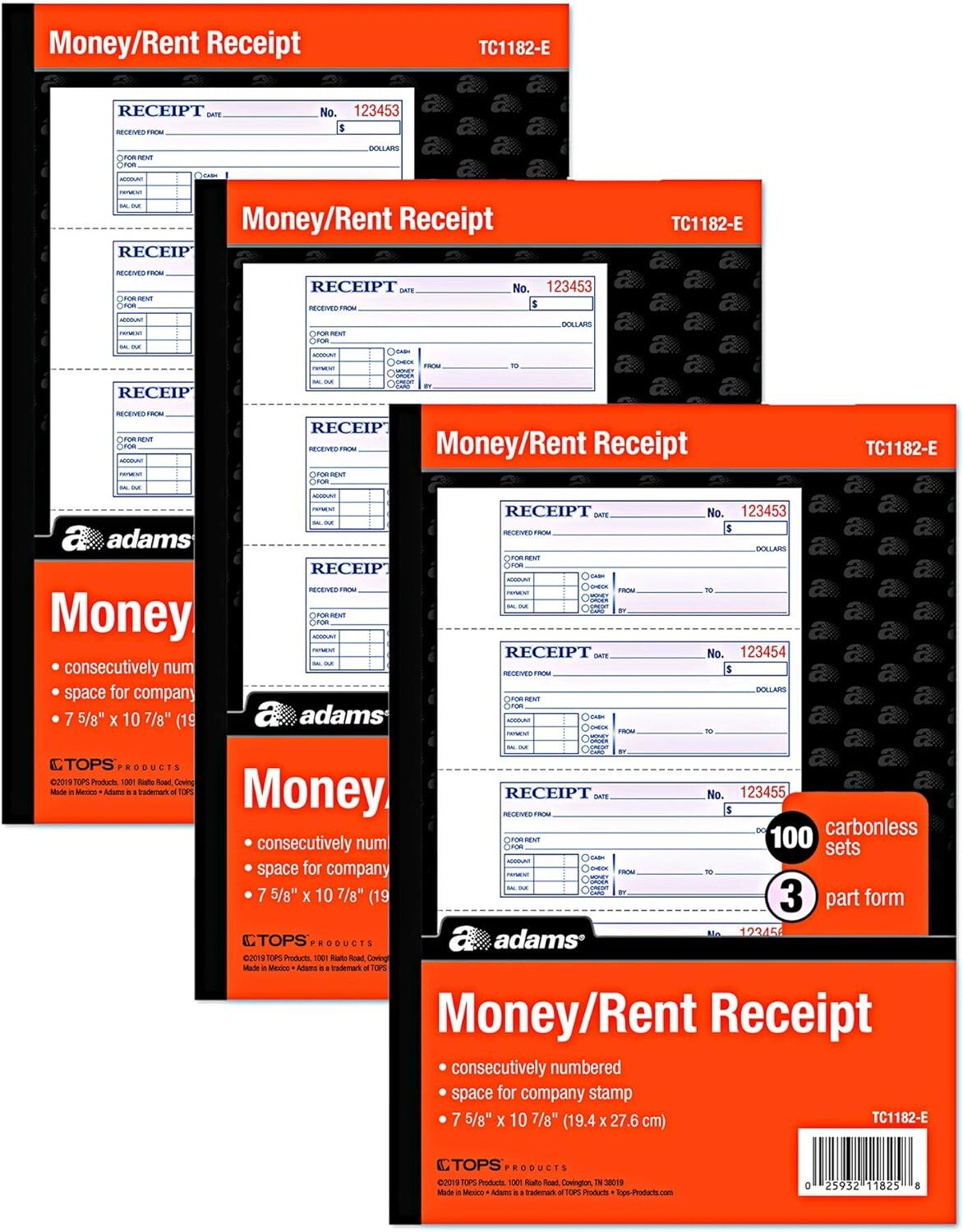 Adams Money and Rent Receipt Books New Color Cover, 3 Part Carbonless, 3 Pack,