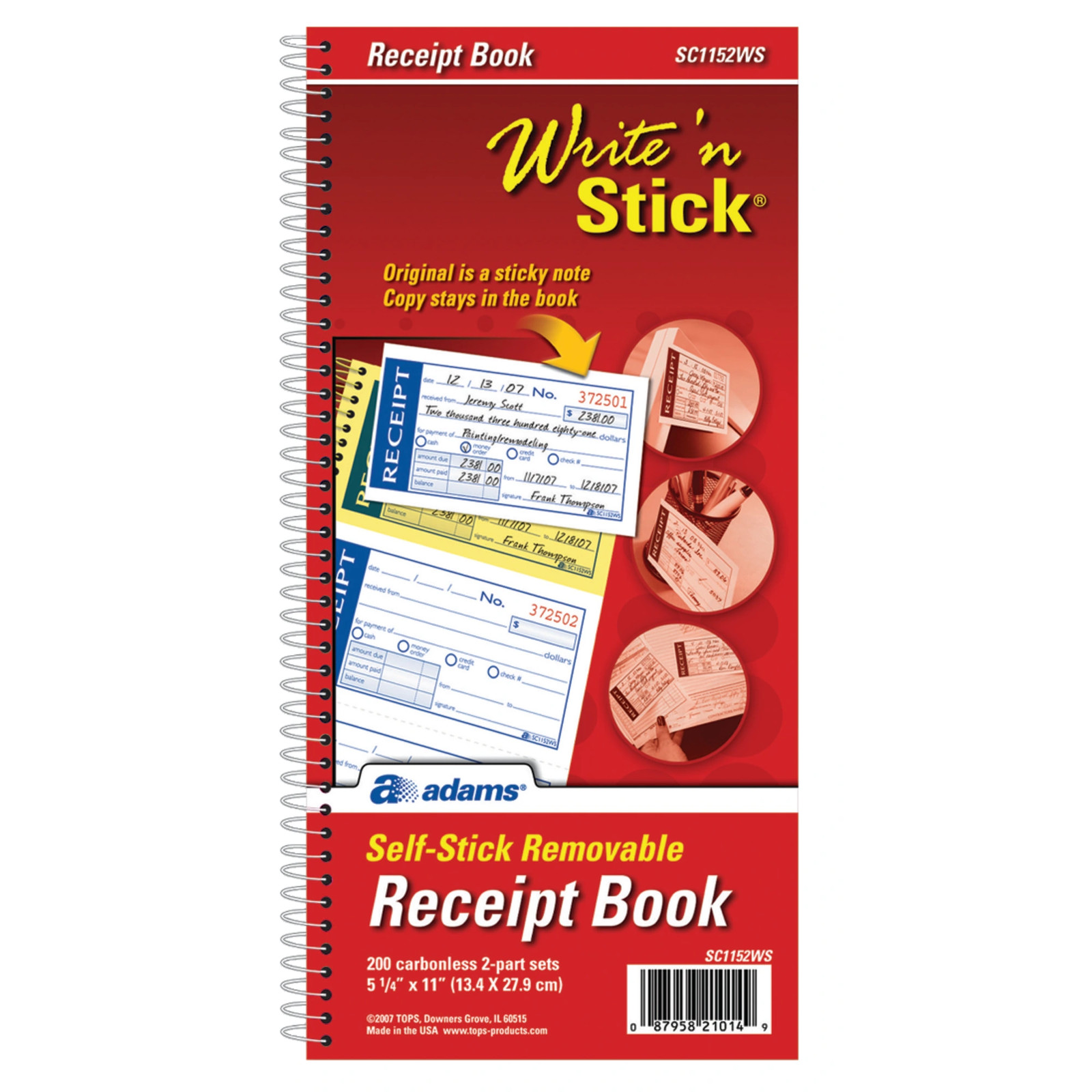 Adams Write N’ Stick Receipt Book, 5 1/4″ x 11″, 2-Part, Book Of 200 Sets