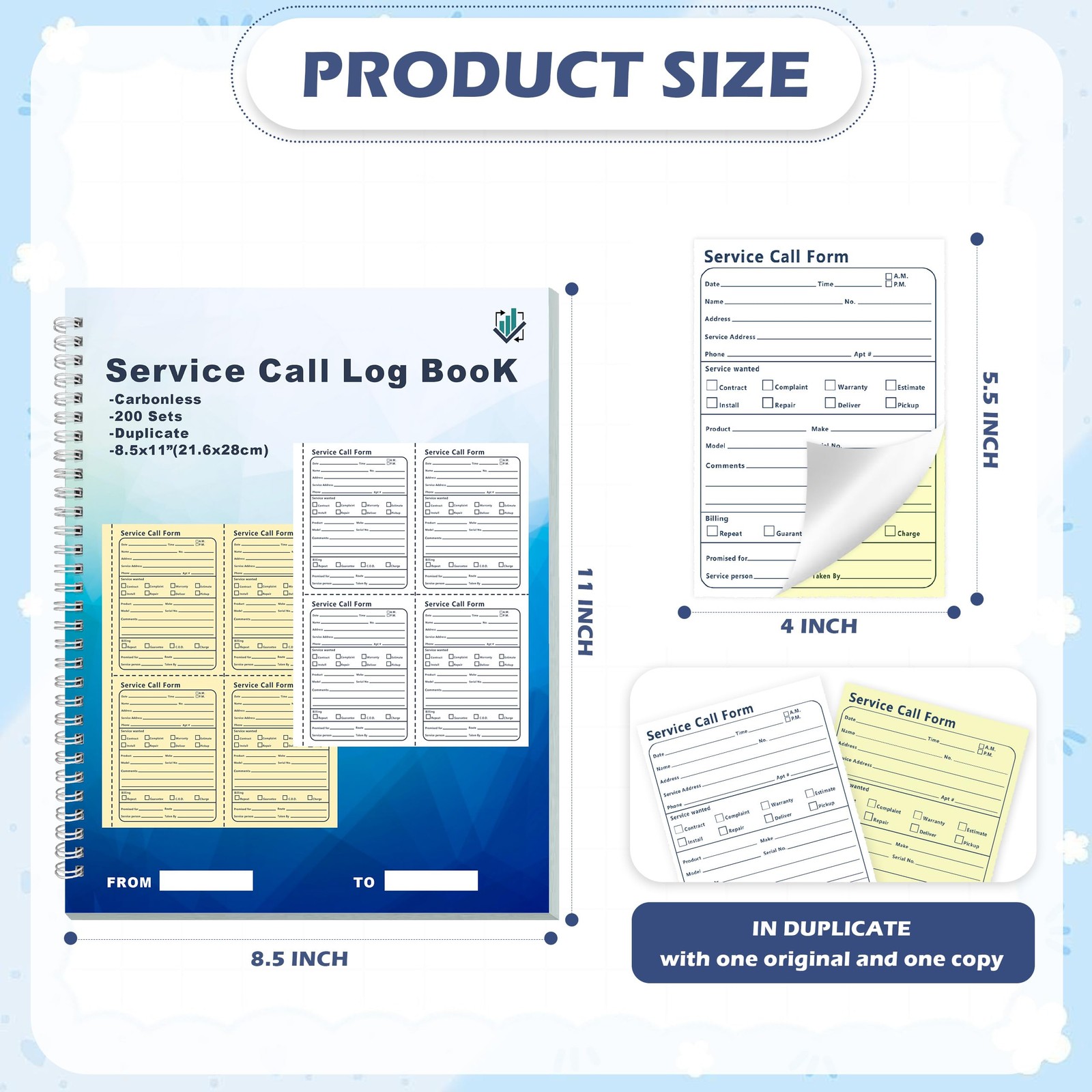 2 PCS 400 Sets Service Call Correspondence Forms Book Carbonless 8.5×11 Inch